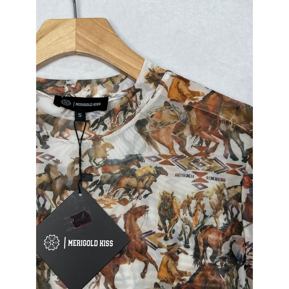 Merigold Kiss Womens Small Sheer Mesh Western Horse Print Long Sleeve Top‎ White